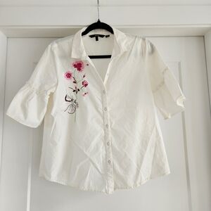 Vero Moda White Button Down with Pink Floral Embroidery